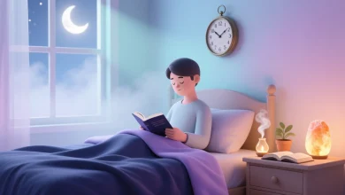 Pastel tonlarda hayali yatak odası sahnesi; pencereden süzülen ay ışığında kitap okuyan sakin bir figür, koyu mavi ve lavanta tonlarında yorgan, masada aromaterapi lambası ve bitki, duvarda analog saat, köşede yumuşak ışıklı tuz lambası; uyku hijyeninin yaşam kalitesini artırmasını simgeliyor.