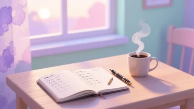 Masa üzerinde planlama defteri, kalem ve sıcak içecek, arka planda pencere ışığıyla sakin sabah atmosferi.