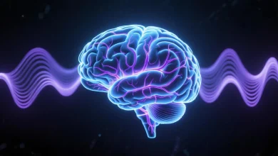 Zihnin gücüne dair derin bir düşünce anı, ışıklı beyin yapısı ve pozitif enerji dalgaları