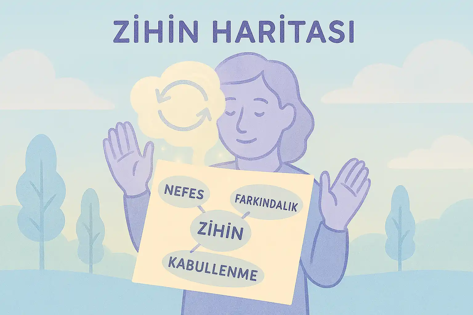 Pastel mavi ve mor tonlarında bir zihin haritası, dallarında 'nefes', 'farkındalık', 'kabullenme' gibi anahtar kelimeler; hayali bir karakter haritayı elinde tutarken, arka planda sakin bir gökyüzü.