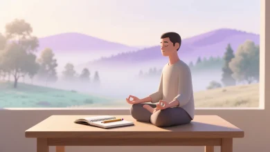 Sade masada sabah ışığında meditasyon yapan figür, yanında defter ve kalem, hafif bulanık doğa manzarasıyla içsel odak ve zihinsel disiplin.