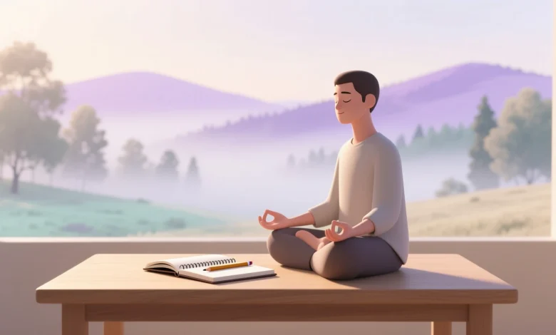 Sade masada sabah ışığında meditasyon yapan figür, yanında defter ve kalem, hafif bulanık doğa manzarasıyla içsel odak ve zihinsel disiplin.
