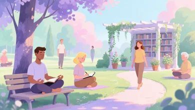 Bir parkta meditasyon yapan, gunluk tutan ve doga yuruyusune cikan farkli yas gruplarindan insanlarin kitaplar ve bitkilerle cevrili sakin ortamda tasvir edildigi sanatsal sahne.