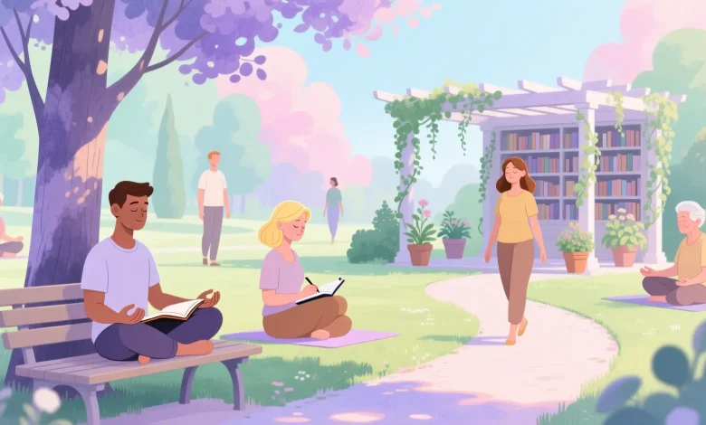 Bir parkta meditasyon yapan, gunluk tutan ve doga yuruyusune cikan farkli yas gruplarindan insanlarin kitaplar ve bitkilerle cevrili sakin ortamda tasvir edildigi sanatsal sahne.