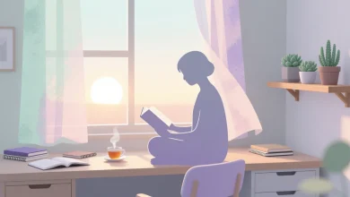 Sabaha karsı pencere kenarinda kitap okuyan, meditasyon yapan veya dogayla ic ice figur silueti, pastel tonlar, huzurlu ic mekan ve minimal yasam alanı, bitkilerle desteklenmis.