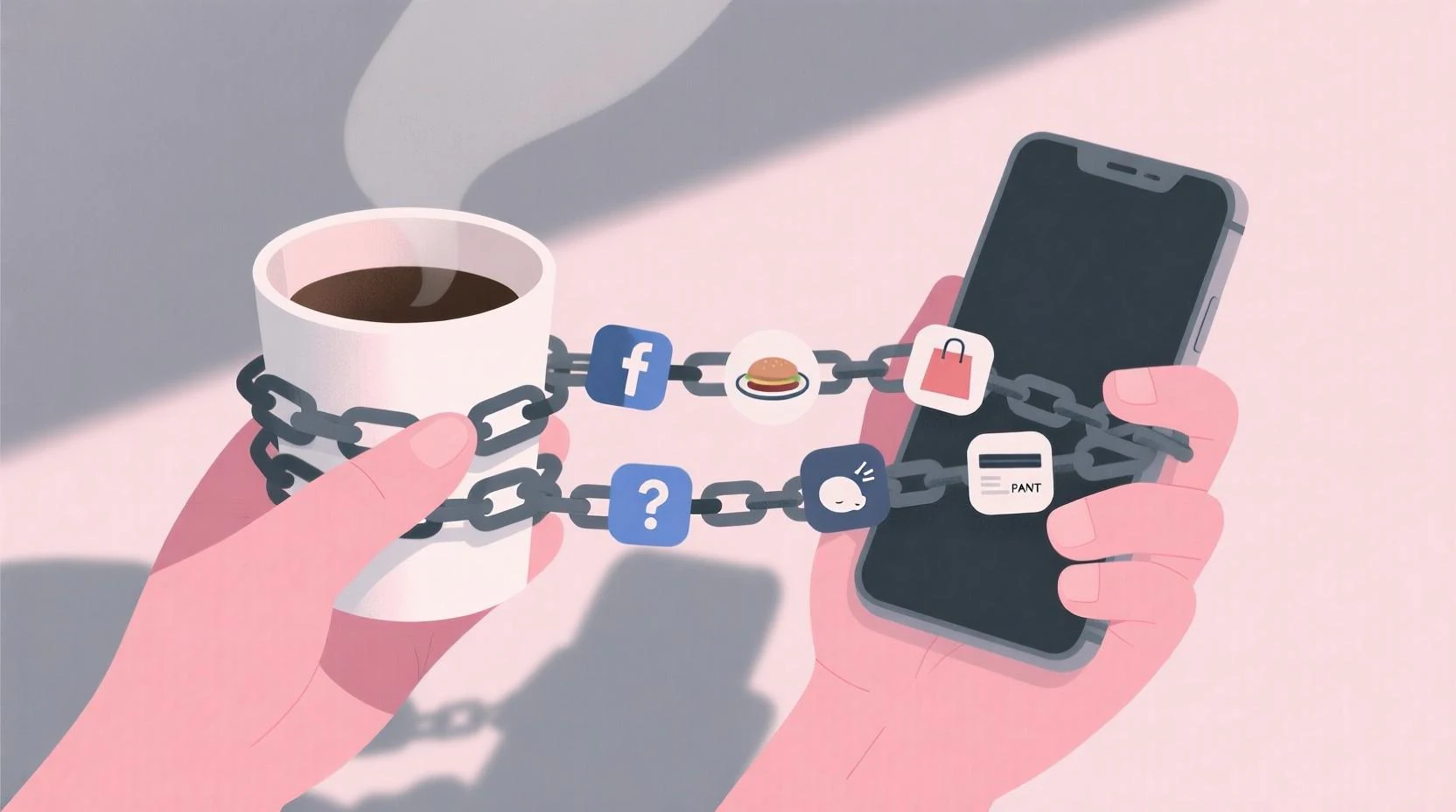 Pastel pembe ve gri tonlarda, elde zincirli telefon ve kahve fincanı; zincir halkalarında alışveriş, sosyal medya, yemek, uyku, ödeme ikonları; arka planda yumuşak gölge.  