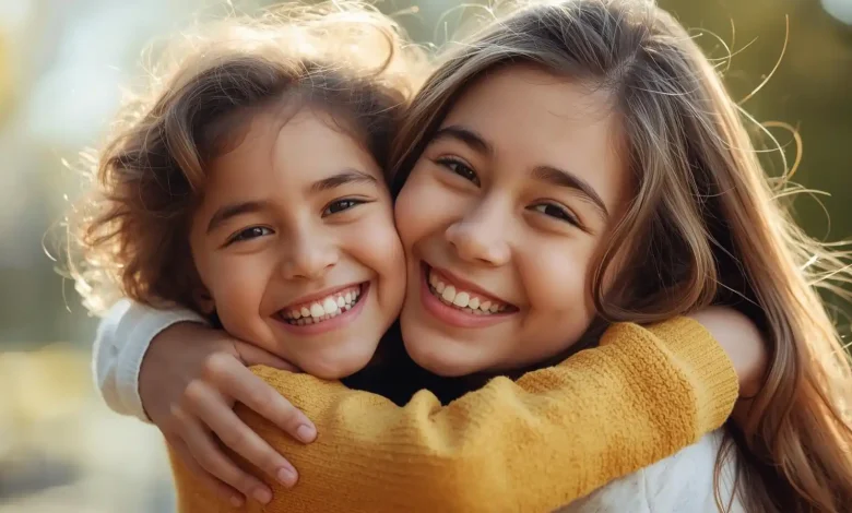 Mutlu bir çocuk ve ergenin birlikte gülümsemesi