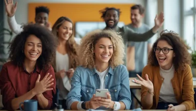 Kişisel gelişim eğitimine katılan bir grup insan mutlu ve motive bir şekilde çalışıyor