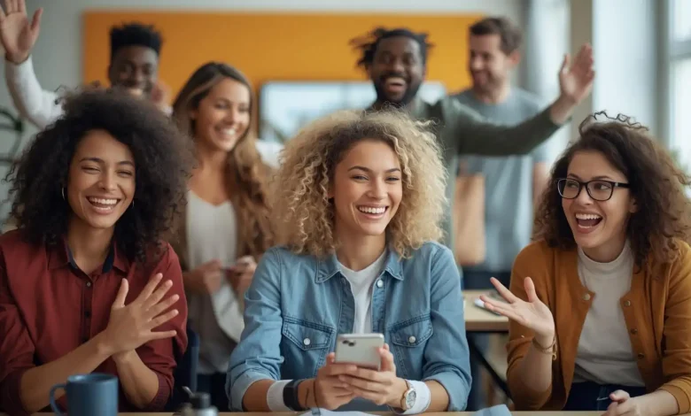 Kişisel gelişim eğitimine katılan bir grup insan mutlu ve motive bir şekilde çalışıyor