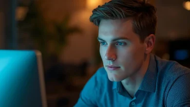 Bir kişi bilgisayar başında mesleki gelişim için ders çalışıyor