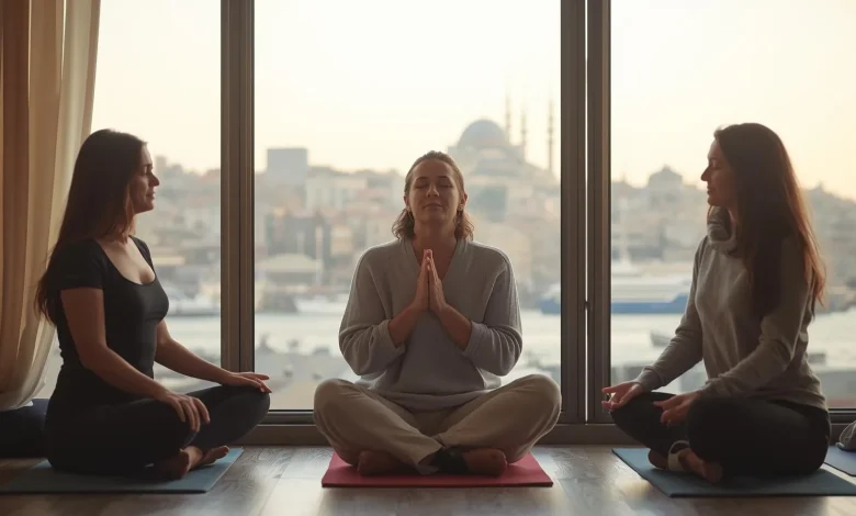 İstanbul'da nefes terapisi yapan bir uzman ile oturmuş iki kişi