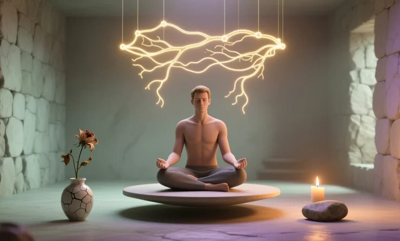 Stres yönetiminde nörobilimden ilham alan teknikleri pastel tonlarda, sakin ve sanatsal bir sahne ile sembolize eden görsel.