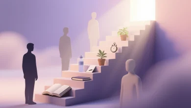 Başarıyı destekleyen yeni alışkanlıkları simgeleyen merdiven ve semboller, pastel tonlarda minimalist kompozisyon