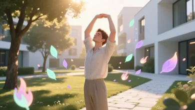 Ruhsal enerji ve dengeyi yansıtan yumuşak tonlarda günlük yaşam sahnesi, huzurlu atmosfer ve içsel canlanma teması