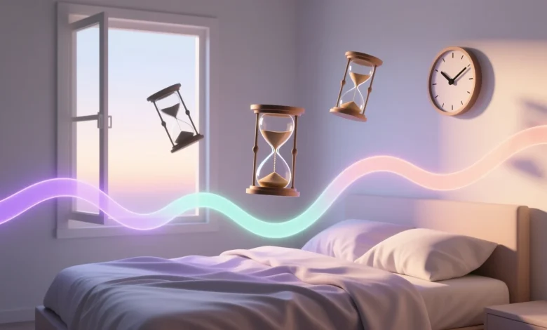 Sabah ışığında düzenli uyku ve enerji dengesini temsil eden pastel tonlarda minimalist yatak odası sahnesi
