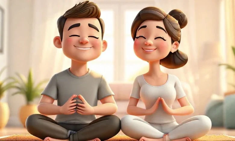 İlişkilerde huzur ve bağ kurmak için birlikte meditasyon yapan bir çiftin dingin pozu.