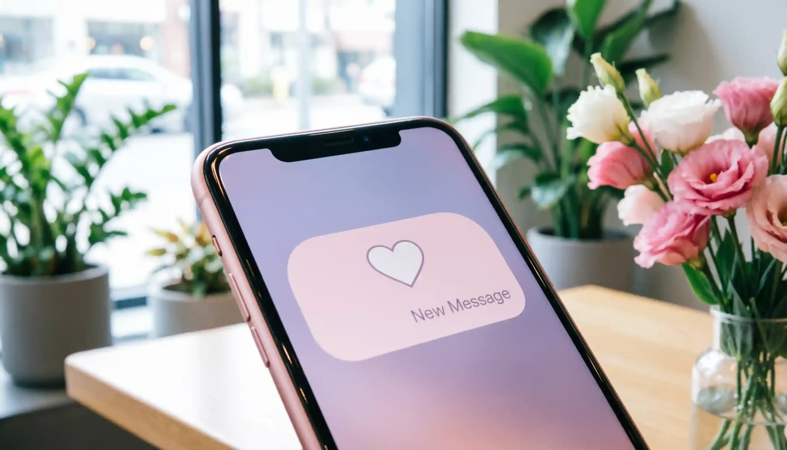 Mermer masa üzerinde duran ve üzerinde yeni mesaj bildirimi yanan modern bir akıllı telefon.