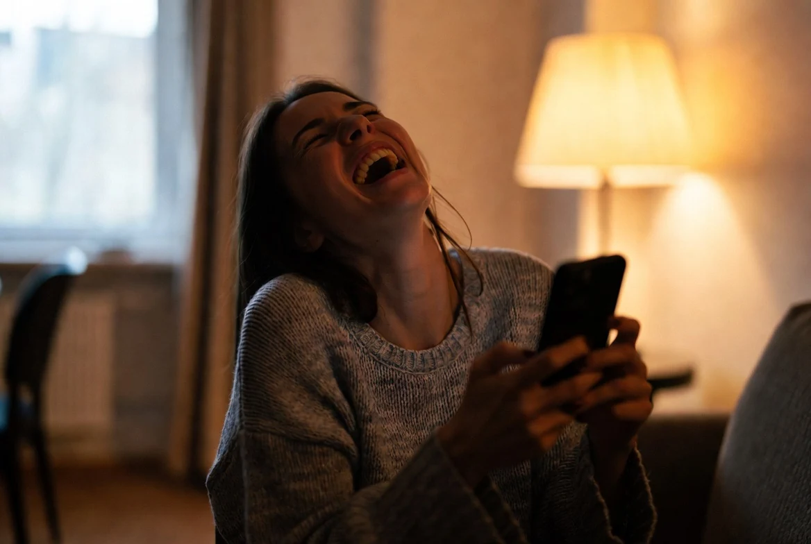Telefonundaki komik bir mesaja bakarak içtenlikle gülen genç bir kadın.
