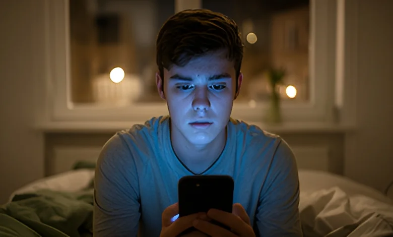Karanlık odada telefon ekranına dalıp içinde kocaman bir boşluk hisseden gencin melankolik silüeti.