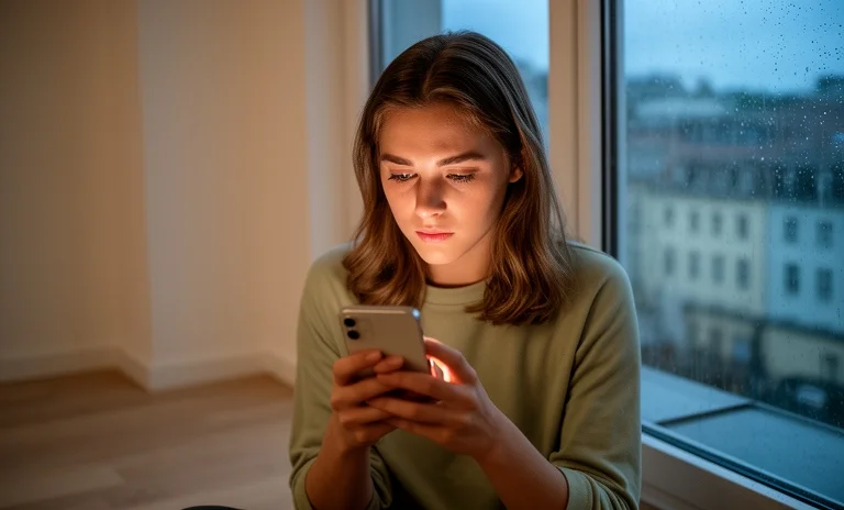 Loş bir odada akıllı telefonuna bakarak seni kafaya takmasını sağlayacak o gizli adımları düşünen genç bir kadın.