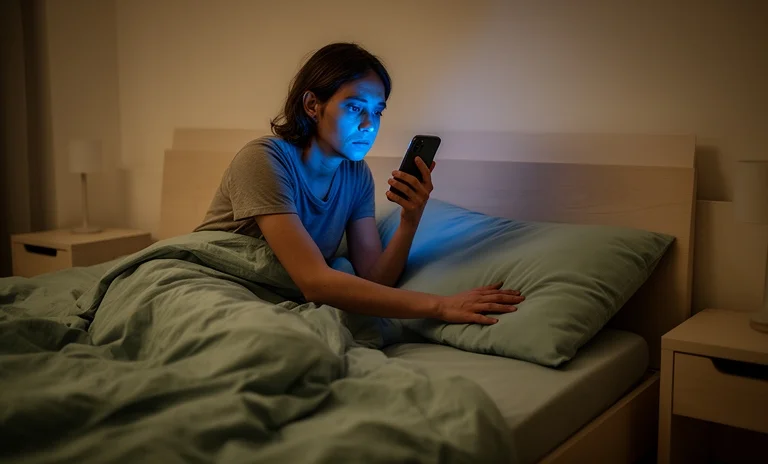 Gece vakti karanlık odada telefon ekranına bakarak uzaktan aşk yaşayan hüzünlü kişinin yalnızlığı.