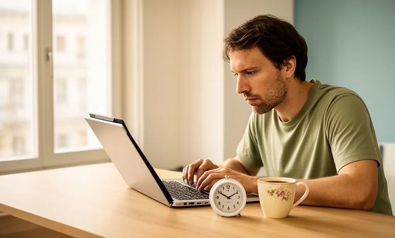 Gece masasında laptop ile çalışan genç adam, akşamları sadece iki saat ayırarak ek gelir projelerini geliştiriyor.