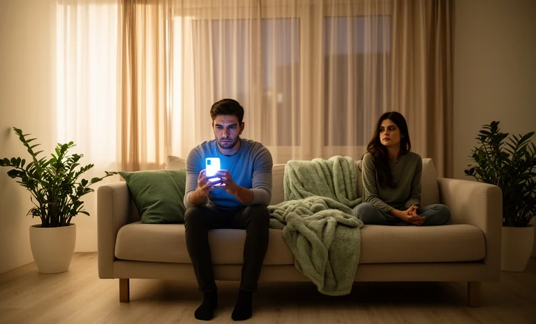 Loş odada masadaki telefonun ekranını gizlice ters çeviren adam, aldatan erkeği ele veren davranışları sergiliyor.