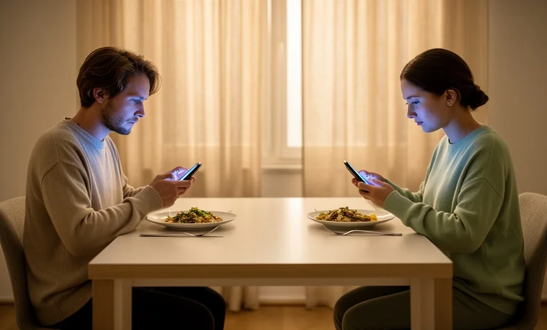 Yemek masasında telefonlarına bakan mesafeli çift ve aşkı bitiren sessizliği bozan umut dolu bir temas.