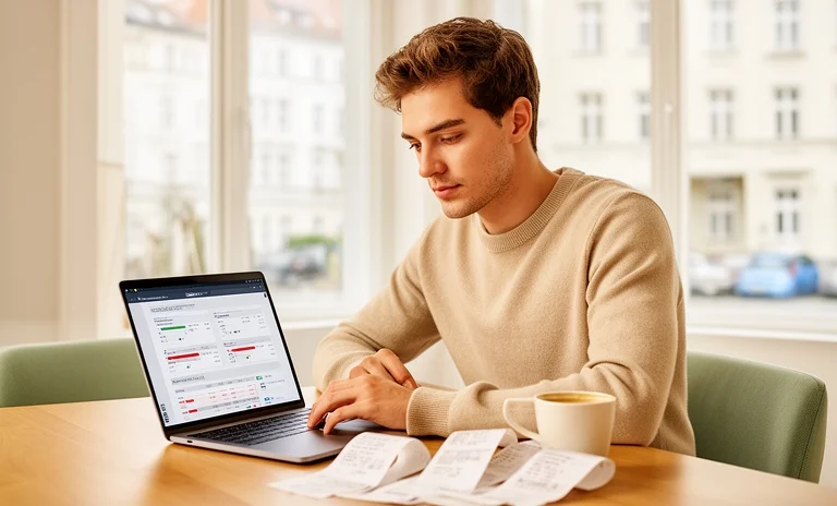 Masasında birikim yapan genç adam, cebini parayla dolduracak pratik finansal hamleler ile nakit sayıyor.