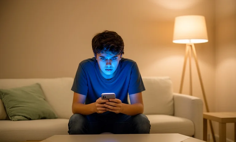 Gece karanlığında akıllı telefon ekranına bakarak eski sevgiliyi geri döndüren adımları düşünen üzgün kadın.