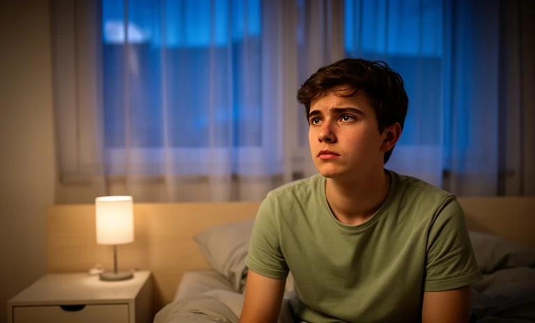 Karanlık odada yatakta yatıp tavana bakan ve gece boyu düşünmekten uyuyamayan uykusuz bir adam.
