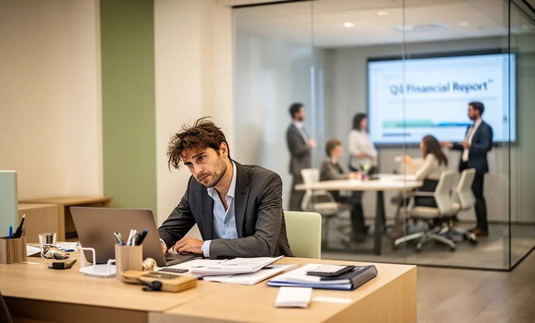 Modern bir ofis ortamında zirveye doğru tırmanan ve gizli başarı sırrı sayılan stratejiyi keşfeden kararlı iş insanı.