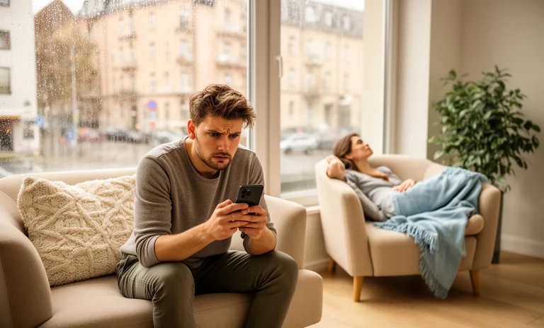 Akıllı telefonuna bakan eşine öfkeyle bakan kadının yaşadığı kıskançlık krizlerini anlatan dijital illüstrasyon.