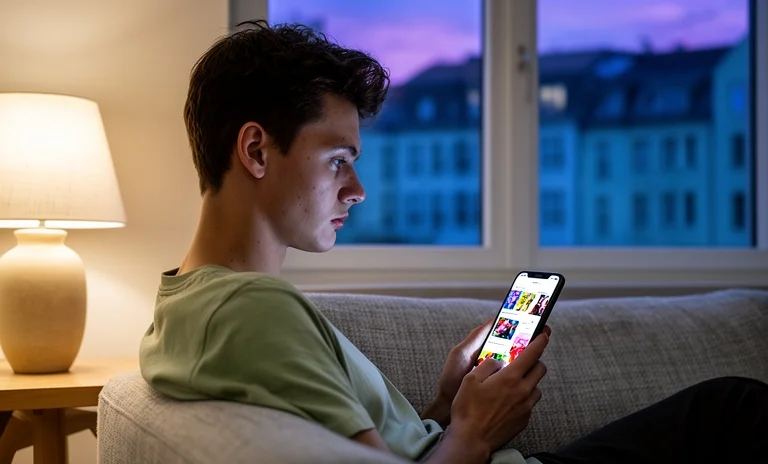 Karanlık odada telefon ekranındaki mükemmel hayata bakarak içten içe bitiren kıskançlık duygusuyla yüzleşen genç kadın.