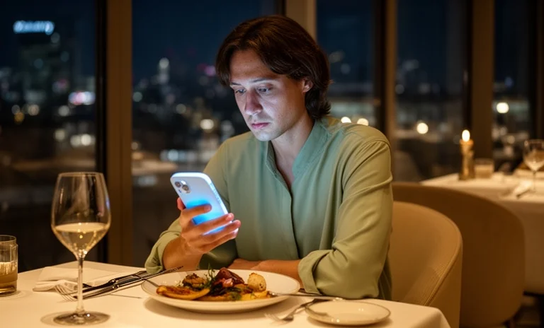 Karanlık bir odada telefonun ışığında yalnız oturan ve yüreğindeki boşluğu düşünen düşünceli bir adam.