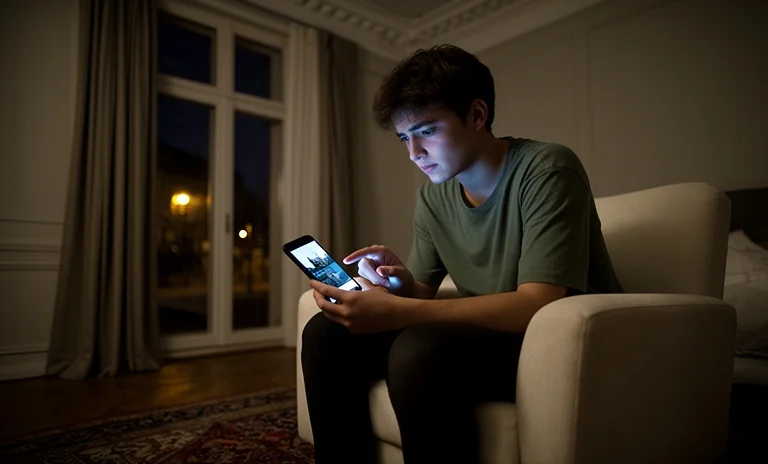 Gece karanlık odada akıllı telefondan eski sevgilinin profiline bakmayı düşünen üzgün kadın.