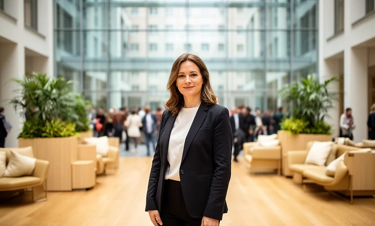 Modern bir ofis ortamında dinleyicilerine ilham veren, karizmatik lider duruşuna sahip özgüvenli bir konuşmacı.