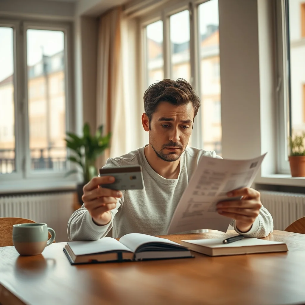 Masasındaki kredi kartı borçlarını sıfırlayıp kartını keserek finansal özgürlüğe ulaşan bir adam.