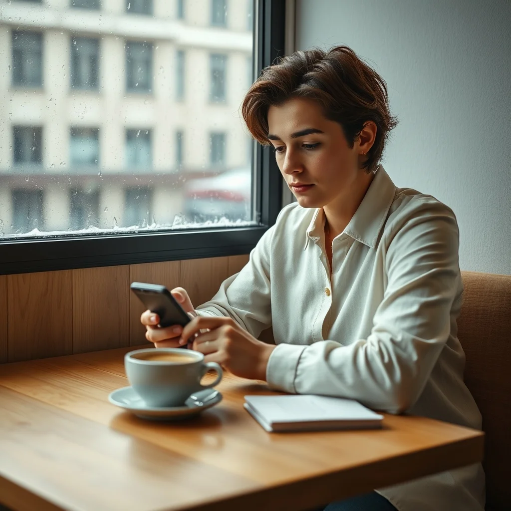 Loş bir odada akıllı telefonuna bakıp mesajına neden cevap vermediğinin hüzünlü cevabını düşünen yalnız genç bir kadın.