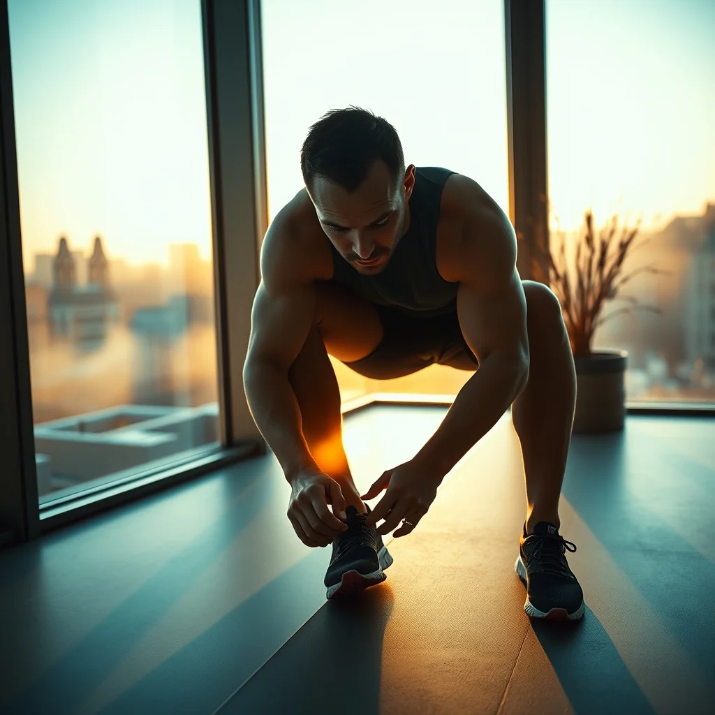 Sabah gün ışığında spor ayakkabısını bağlayarak spor yapma motivasyonu yakalayan kararlı bir kadın.