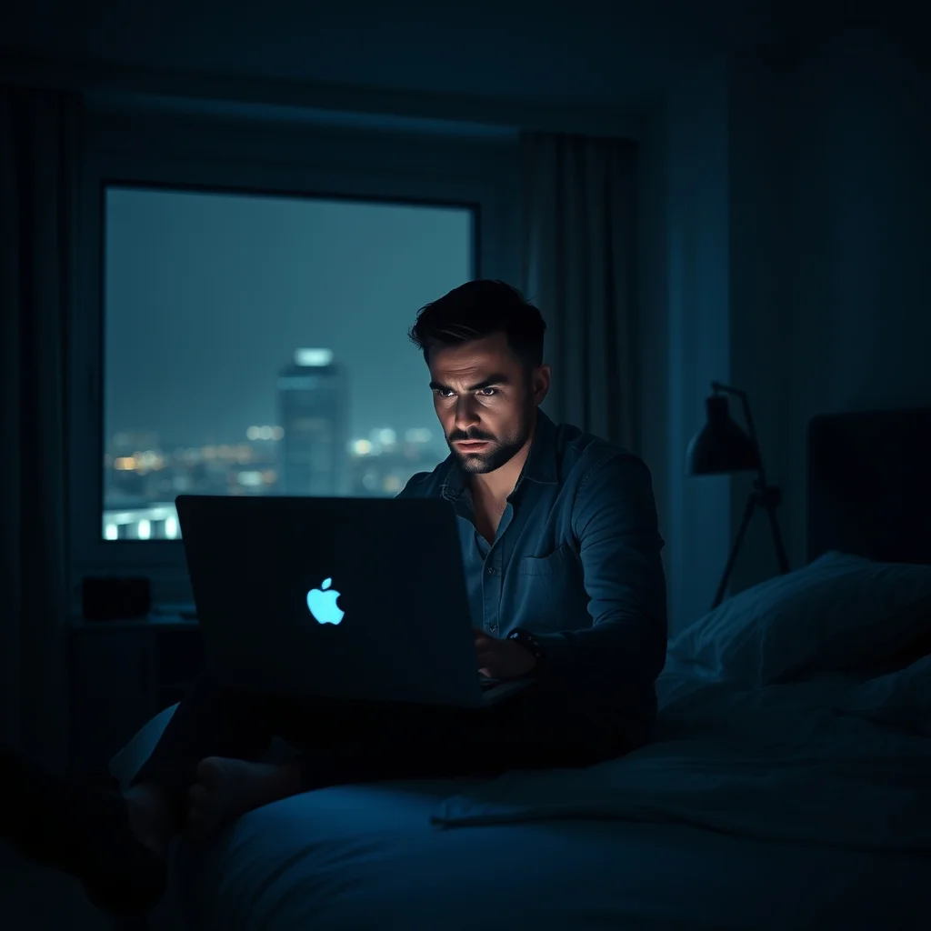 Gece karanlık odada bilgisayar başında başını tutarak oturan ve sürekli kaygı ve stres yaşayan endişeli adam.