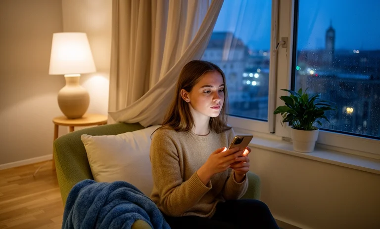 Gece karanlık odada ışıklı telefona bakarak uzak mesafe ilişkisini sürdürmeye çalışan hüzünlü kadın.