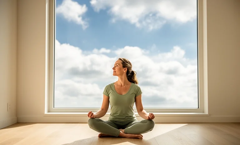 Doğada sakince meditasyon yaparak anda kalma farkındalığı üzerine odaklanan bir kadın silüeti.