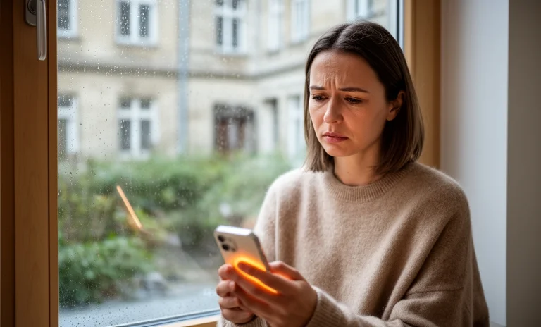 Loş bir odada telefonundaki mesaja üzüntüyle bakan ve ayrılık acısı çeken yalnız bir kadın.