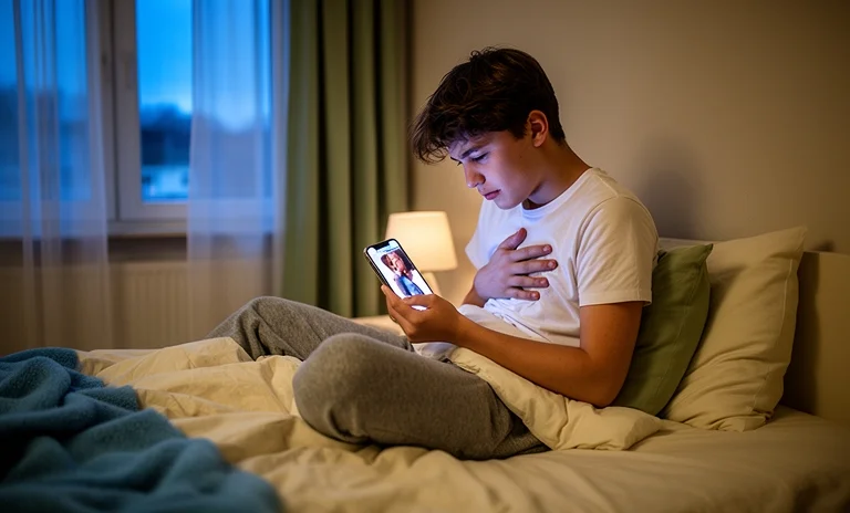 Gece vakti loş odada pencere kenarında elindeki telefona hüzünle bakan kadının yaşadığı duygusal ayrılık acısı.