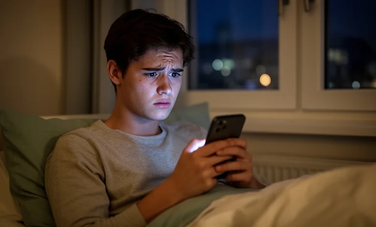 Gece karanlık odada elinde telefonla üzgün oturan genç kadın, ayrılık acısıyla başa çıkma sürecini simgeliyor.