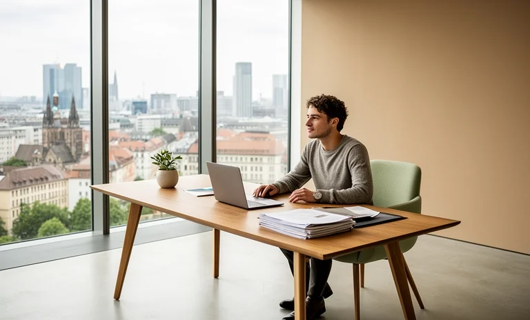 Modern bir ofis masasında bilgisayar üzerinden başarılı bir özgeçmiş düzenleyen ve inceleyen profesyonel.