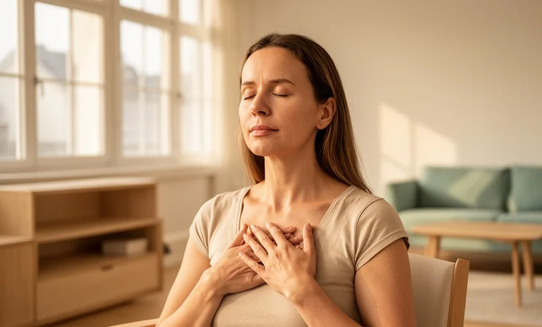 Sakin bir odada gözleri kapalı meditasyon yaparak beden farkındalığı geliştiren genç bir kadın.