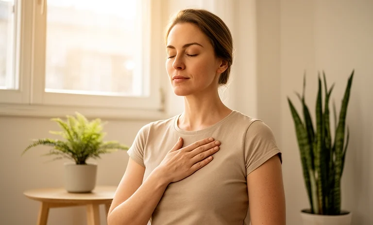 Karanlık bir fonda meditasyon yapan kişinin zihninden bedenine yayılan ışıkla beden ve ruh sağlığı temsil ediliyor.