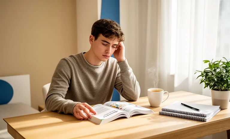 Masasında hırsla ders çalışırken motivasyonunu yüksek tutmaya çalışan genç bir öğrenci.
